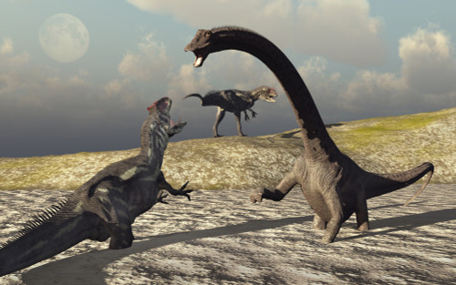 An Allosaurus and Diplodocus dinosaur sinking in a deadly mud pit. Poster Print by Mark Stevenson/Stocktrek Images - Item # VARPSTMAS600140P