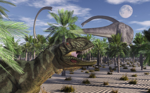 Omeisaurus dinosaurs being stalked by a Yangchuanosaurus. Poster Print by Mark Stevenson/Stocktrek Images - Item # VARPSTMAS600176P
