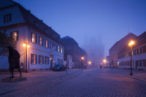 Buildings along Maximilianstrasse at dawn fog, Speyer, Rhineland-Palatinate, Germany Poster Print by Panoramic Images - Item # VARPPI173989