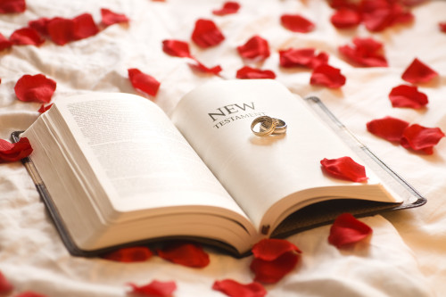 Rings On The Bible; Wedding Rings On The New Testament Bible Surrounded By Rose Petals Poster Print by Chris and Kate Knorr / Design Pics - Item # VARDPI1850766