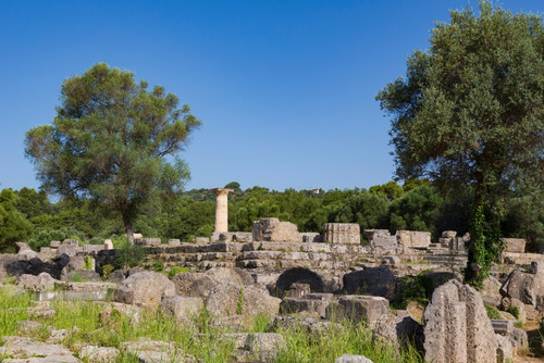 Olympia, Peloponnese, Greece. Ancient Olympia. Ruins of the 5th century BC Doric order Temple of Zeus. Ancient Olympia is a UNESCO World Heritage Site. Poster Print by Panoramic Images - Item # VARPPI174258