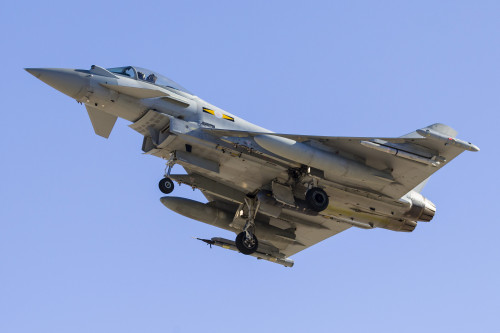A Royal Air Force Typhoon fighter on final approach to Nellis Air Force Base, Nevada. Poster Print by Rob Edgcumbe/Stocktrek Images - Item # VARPSTRDG100219M