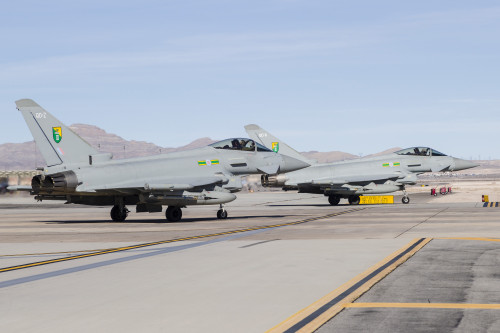 Two Royal Air Force Typhoon fighters at Nellis Air Force Base, Nevada. Poster Print by Rob Edgcumbe/Stocktrek Images - Item # VARPSTRDG100214M
