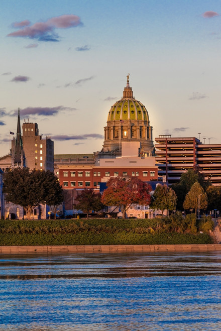 HARRISBURG, PENNSYLVANIA, City skyline and State Capitol shot at dusk from Susquehanna River Poster Print by Panoramic Images - Item # VARPPI182629