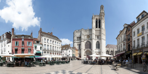 Tourists at sidewalk cafe outside cathedral, Sens Cathedral, Sens, Yonne, Burgundy, France Poster Print by Panoramic Images - Item # VARPPI162202