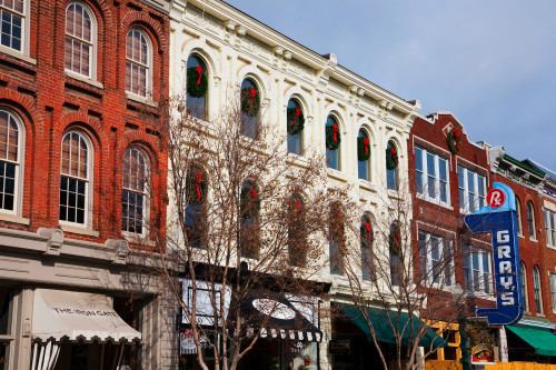 Historic Main Street with Red Brick Storefronts and Gray's Pharmacy in Franklin, Tennessee, a suburb south of Nashville, Williamson County, Tenn. Poster Print by Panoramic Images - Item # VARPPI182039