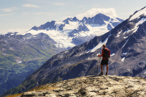 Female backpacker enjoying the view from the Harding Icefield Trail near Seward, Kenai Fjords National Park, Kenai Peninsula, Southcentral Alaska, Summer, HDR Poster Print by Lucas Payne / Design Pics - Item # VARDPI12250973