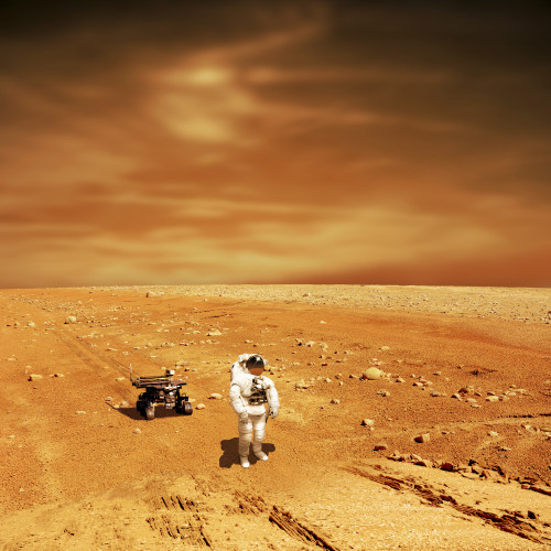 A lone astronaut looks up at the sun while exploring Mars. Poster Print by Marc Ward/Stocktrek Images - Item # VARPSTMRC200192S