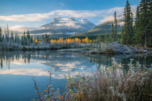 Lake with mountains in background, Beaverlodge, Three Sisters, Canmore, Alberta, Canada Poster Print by Panoramic Images - Item # VARPPI166891
