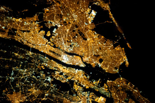 Night time satellite image of New York City area, NY, USA Poster Print by Panoramic Images - Item # VARPPI181036