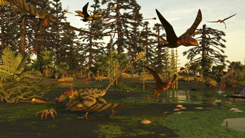Eudimorphodon and Peteinosaurus pterosaurs in a swampy Triassic scene. Poster Print by Arthur Dorety/Stocktrek Images - Item # VARPSTADR600052P