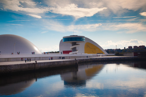 Reflection of a building on water, The Oscar Niemeyer International Cultural Centre, Aviles, Asturias Province, Spain Poster Print by Panoramic Images - Item # VARPPI156766
