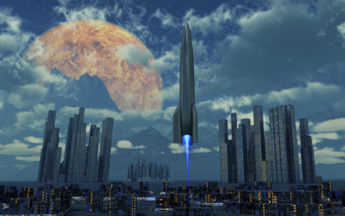 A rocket launching from a futuristic city on an alien binary world. Poster Print by Mark Stevenson/Stocktrek Images - Item # VARPSTMAS200110S