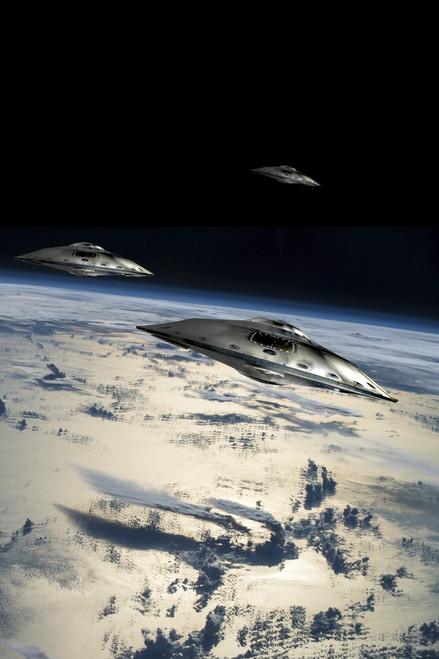 A small fleet of flying saucers take position in orbit over Earth. Poster Print by Marc Ward/Stocktrek Images - Item # VARPSTMRC200205S