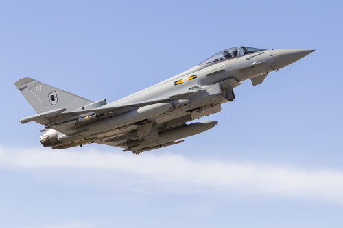A Typhoon of the Royal Air Force climbs away from Nellis Air Force Base, Nevada. Poster Print by Rob Edgcumbe/Stocktrek Images - Item # VARPSTRDG100170M
