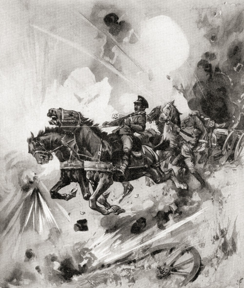 A team of horses from a British battery stampede in fright from bursting German shells during WWI.  From The War Illustrated Album Deluxe, published 1915. Poster Print by Hilary Jane Morgan / Design Pics - Item # VARDPI12285561