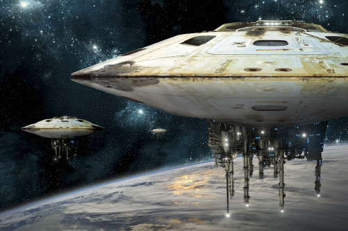 A fleet of massive spaceships take position over Earth for a coming invasion. Poster Print by Marc Ward/Stocktrek Images - Item # VARPSTMRC200195S