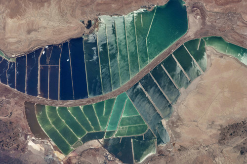 Satellite view of salt evaporation ponds in Jordan-Israel border Poster Print by Panoramic Images - Item # VARPPI181157