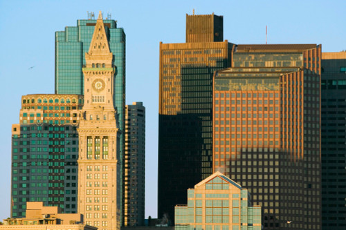 The Customs House Clock Tower and Boston skyline at sunrise, as seen from South Boston, Massachusetts, New England Poster Print by Panoramic Images - Item # VARPPI181720