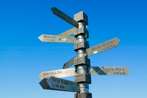 Signs point with mileage totals to Berlin, Jerusalem, New York, South Pole, Paris, Rio De Janeiro at Cape Point, Cape of Good Hope, outside Cape Town, South Africa Poster Print by Panoramic Images - Item # VARPPI182154