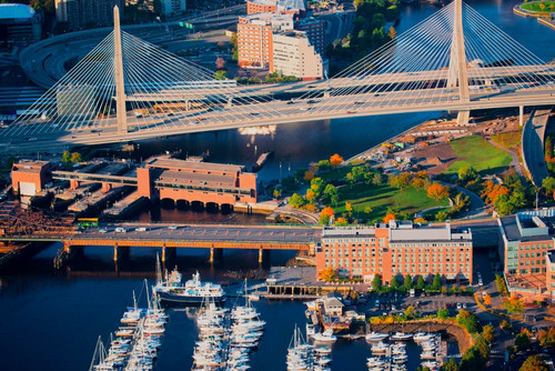 AERIAL of Boston Harbor area focusing on Leonard P. Zakim Bunker Hill Memorial Bridge, Boston, MA Poster Print by Panoramic Images - Item # VARPPI181976