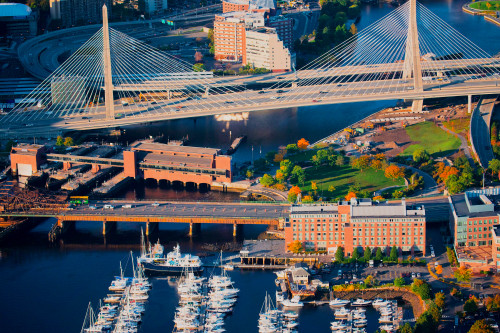AERIAL of Boston Harbor area focusing on Leonard P. Zakim Bunker Hill Memorial Bridge, Boston, MA Poster Print by Panoramic Images - Item # VARPPI181976