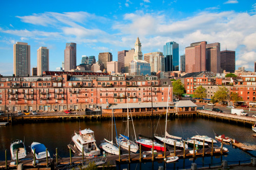 Morning view of boats at Lewis Wharf and Boston Skyline, MA Poster Print by Panoramic Images - Item # VARPPI182025