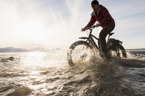 Bicyclist riding his fat bike across a tidal stream along Kachemak Bay, Homer, Kenai Peninsula, Southcentral Alaska, winter Poster Print by Scott Dickerson / Design Pics - Item # VARDPI2433190