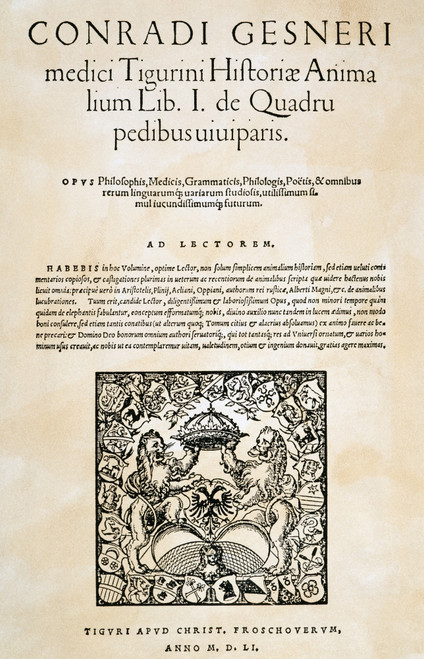 Konrad Von Gesner /N(1516-1565). Swiss Naturalist. Title-Page Of The First Edition Of Volume One Of Konrad Von Gesner'S 'Historiae Animalium,' Published At Zurich In 1551. Poster Print by Granger Collection - Item # VARGRC0057099
