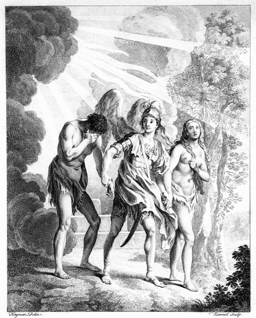 Adam And Eve Expelled Out Of Paradise From A 19Th Century Etching