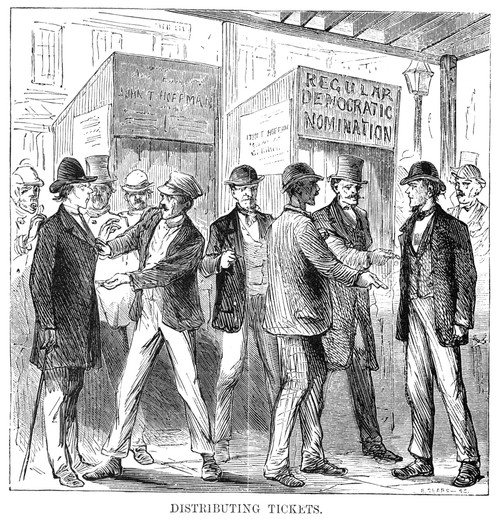 Presidential Election, 1870. /Nvoters Procuring Tickets At Ticket Booths In New York City On Election Day, 1870. Contemporary American Wood Engraving. Poster Print by Granger Collection - Item # VARGRC0093237