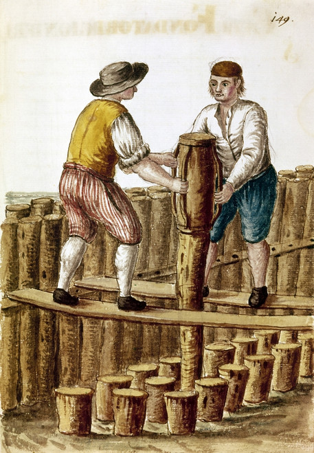 Pile Drivers, 18Th Century. /Ntwo Workers Driving Piles At A Construction Site. Illustration From Giovanni Grevembroch'S 'Gradenigo Dolphin,' Mid 18Th Century. Poster Print by Granger Collection - Item # VARGRC0123317