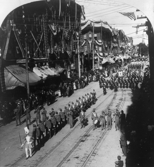 Knights Templar: Parade. /Nmembers Of The Knights Templar Masonic Order, Marching In A Parade In Jamestown, New York, 14 August 1897. Stereograph. Poster Print by Granger Collection - Item # VARGRC0132522
