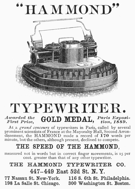 Typewriter Ad, 1890. /Namerican Magazine Advertisement, 1890, For The Hammond Tyepwriter. Poster Print by Granger Collection - Item # VARGRC0097726