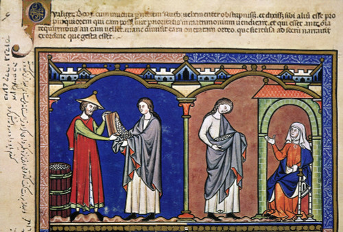 Boaz Sends Ruth Away /Nwith Six Measures Of Barley, Which She Brings To Naomi (Ruth 3: 14-18): French Manuscript Illumination, C1250. Poster Print by Granger Collection - Item # VARGRC0048079