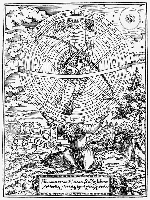 Ptolemaic Universe, 1559. /Natlas Holding Up A Geocentric Universe. Woodcut From William Cunningham'S 'Cosmographical Glasse,' London, 1559. Poster Print by Granger Collection - Item # VARGRC0085365