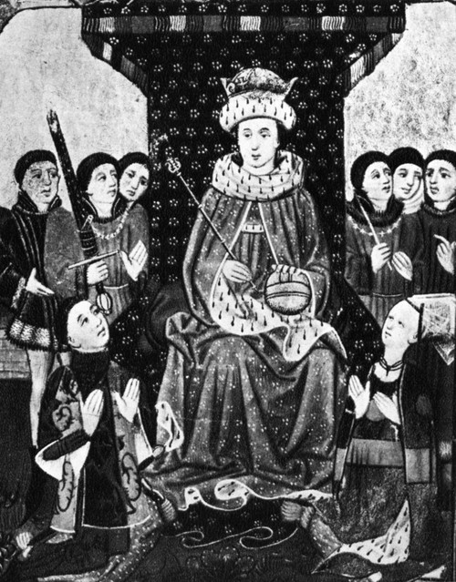 Edward Iv (1442-1483). /Nking Of England, 1461-70, 1471-83. Edward Iv Enthroned. Kneeling At His Feet Are Sir William Herbert And His Wife. Illumination From A Mid-15Th Century Manuscript. Poster Print by Granger Collection - Item # VARGRC0006471