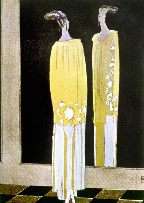 Women'S Fashion, 1920S. /Na Woman Wearing A Yellow And White Vionnet Dress With Floral Design, Looking At Her Reflection In A Mirror. French Fashion Plate, Circa 1920S. Poster Print by Granger Collection - Item # VARGRC0126847