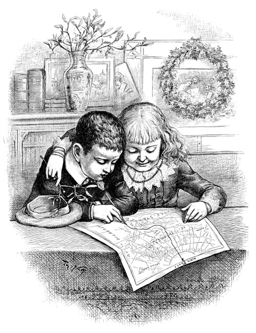 Thomas Nast: Christmas. /Nchildren Tracing Santa Claus' Route From The North Pole. Wood Engraving, 19Th Century, After A Drawing By Thomas Nast. Poster Print by Granger Collection - Item # VARGRC0018107
