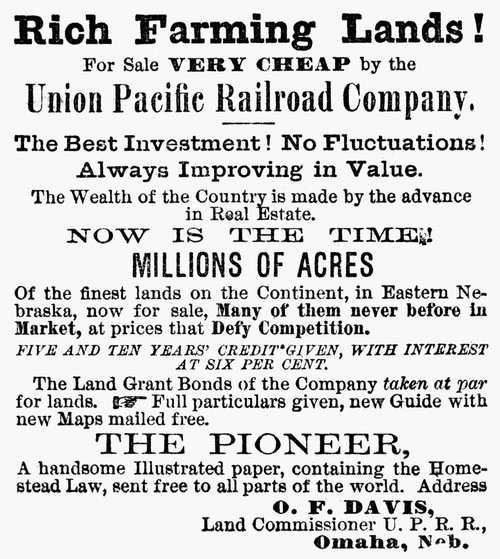 Railroad: Land Sale, 1874. /Nadvertisement For Farming Lands In Nebraska Sold By The Union Pacific Railroad, 1874. Poster Print by Granger Collection - Item # VARGRC0054266