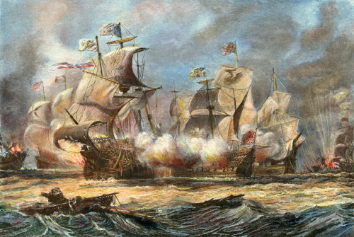 Spanish Armada, 1588. /Nthe 'Vanguard' Attacking The Spanish Armada In 1588. Line Engraving, 19Th Century. Poster Print by Granger Collection - Item # VARGRC0040453