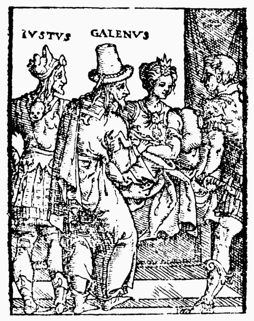 Galen (129-C200 A.D.). /Ngreek Physician. Galen Determining That A Lady'S Illness Is Due To Unrequited Love Rather Than Physical Causes. Woodcut From A 1586 Edition Of Galen'S Works. Poster Print by Granger Collection - Item # VARGRC0045730