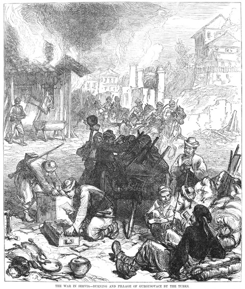 Balkan Insurgency, 1876. /N'The War In Serbia - Burning And Pillage Of Gurgusovacz By The Turks.' Wood Engraving From An American Newspaper, 1876. Poster Print by Granger Collection - Item # VARGRC0039018