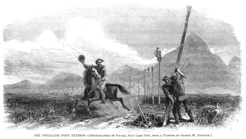 Pony Express, 1867. /N'The Overland Pony Express.' Wood Engraving, American, 1867. Poster Print by Granger Collection