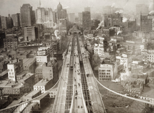 Brooklyn Bridge, C1910. /Nbird'S Eye View Of New York City With People Crossing The Brooklyn Bridge In The Foreground, New York. Photograph, C1910. Poster Print by Granger Collection - Item # VARGRC0409546