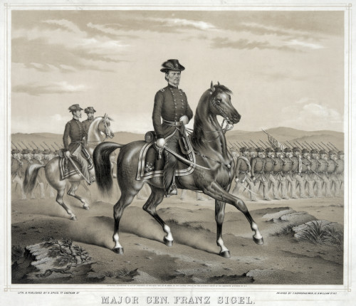 Franz Sigel (1824-1902). /Namerican (German-Born) Soldier And Editor. Major General Sigel On Horseback Leading Union Army Troops During The Civil War. Lithograph, C1862. Poster Print by Granger Collection - Item # VARGRC0130746