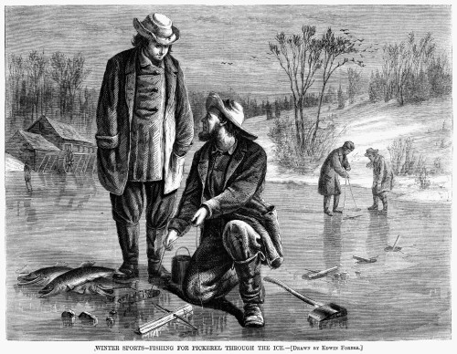 Ice Fishing, 1868. /N'Winter Sports - Fishing For Pickerel Through The Ice.' Wood Engraving, American, 1868. Poster Print by Granger Collection - Item # VARGRC0264555