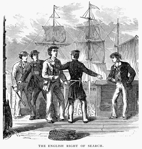 Impressment Of Seamen. /Nbritish Naval Officers Searching An American Commercial Vessel For Sailors To Impress, C1810. Wood Engraving, American, 19Th Century. Poster Print by Granger Collection - Item # VARGRC0086697