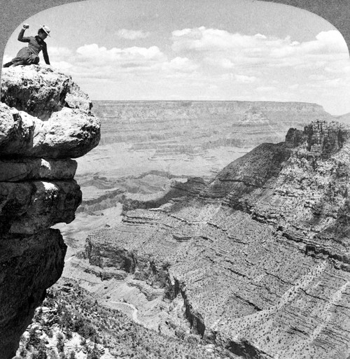 Grand Canyon, C1903. /Na Woman Seated On A Cliff Overlooking The Grand Canyon In Arizona, Preparing To Throw A Rock Into The Canyon Below. Stereograph, C1903. Poster Print by Granger Collection - Item # VARGRC0129244