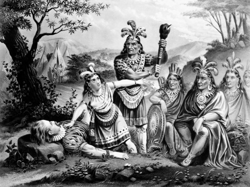 Pocahontas (1595?-1617). /Nnative American Princess. Pocahontas Saving The Life Of Captain John Smith, 1607. Lithograph, American, 1870. Poster Print by Granger Collection